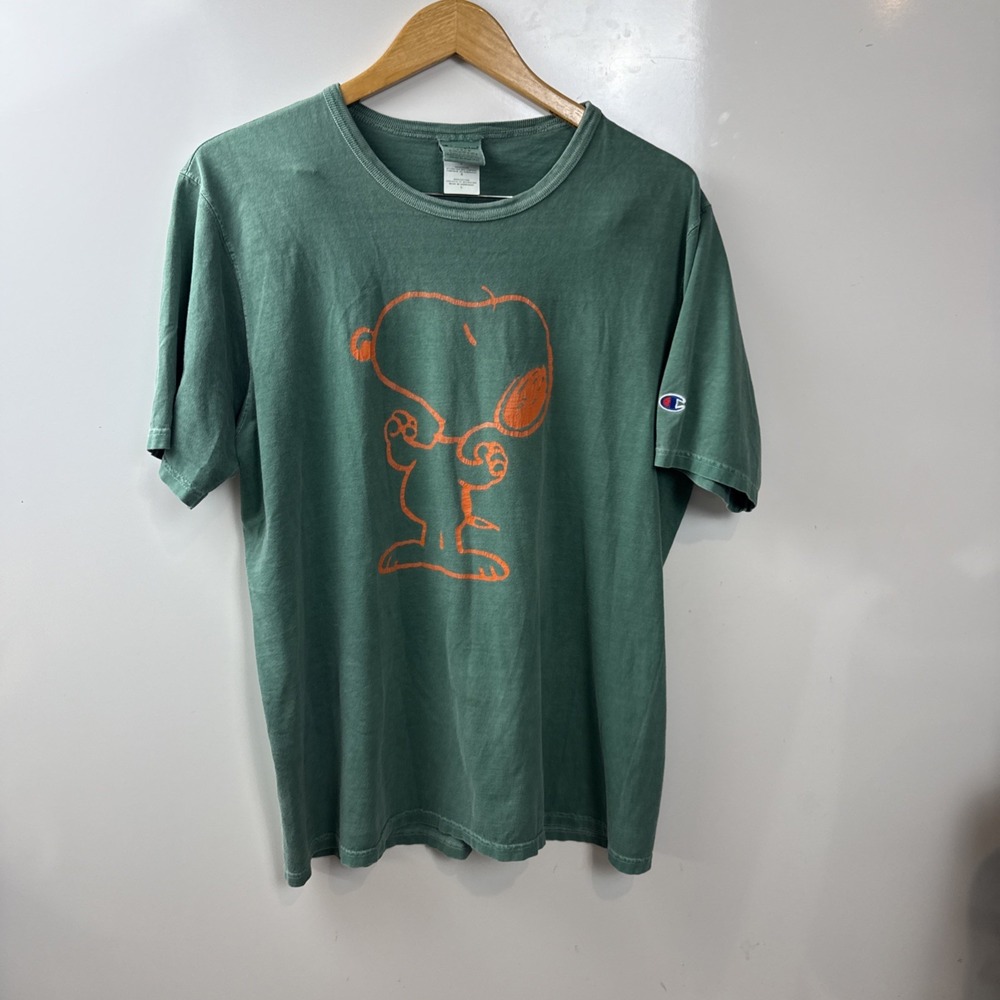 Peanuts Orange Snoopy Men's New York 2018 Champion Tee Shirt. Size L.  Green